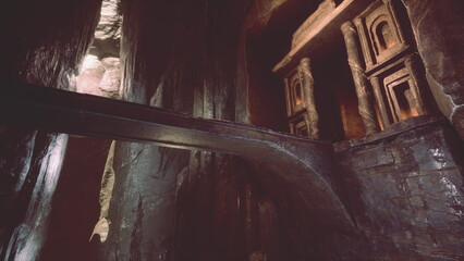 Fototapeta premium In a dimly lit cave, intricate rock formations blend with ancient architectural elements. Shadows dance along the walls, revealing the mystery of this underground world in a serene atmosphere.