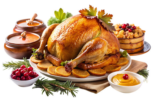 Festive thanksgiving turkey dinner isolated on transparent background with garnish
