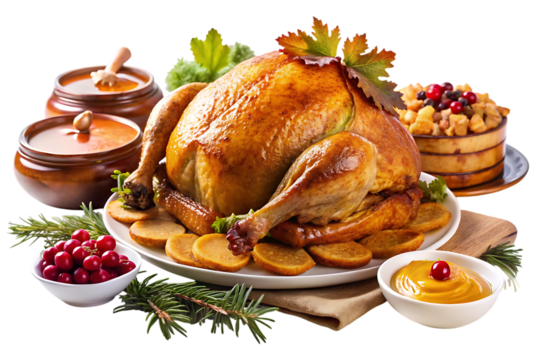 Festive thanksgiving turkey dinner isolated on transparent background with garnish