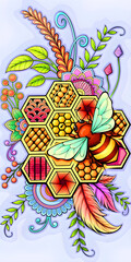 Vibrant Honey Bee on Ornate Honeycomb