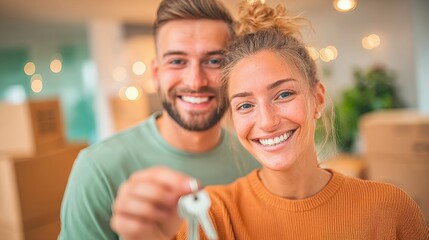 Happy couple shows house keys in new home with moving boxes in background
