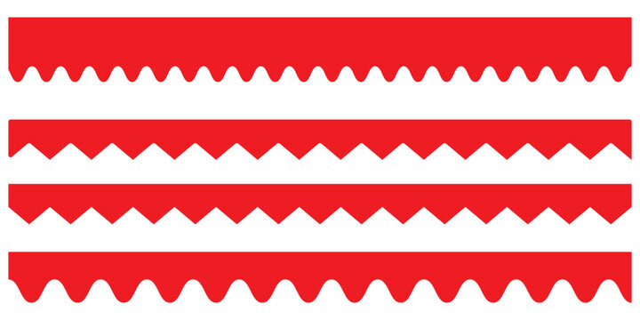 Horizontal zig zag line. Zigzag stripes set. Scalloped edge vector. Seamless line zigzag pattern design. Simple scalloped border, texture ribbons, seamless pattern Vector illustration