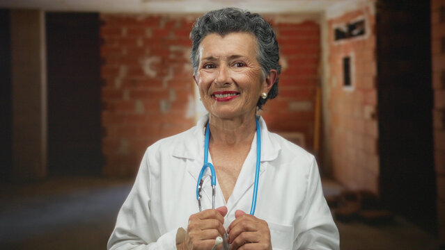 Senior woman doctor with grey hair and stethoscope smiling at an indoor construction site wearing a white coat against a brick wall background.