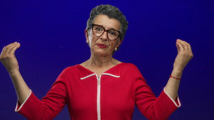 Senior woman with grey hair in red sweater meditates against a blue background with hands raised...