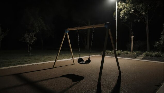A lonely playground swing set illuminated by a lamppost in the dark