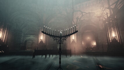 Flickering candlelight illuminates an ancient cavern filled with shadows and mist. Tallstone walls echo the whispers of history as eerie light dances across the space, creating a haunting scene.
