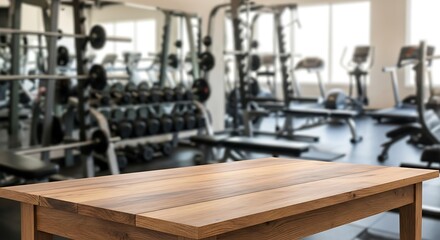 Fototapeta premium Gym Interior with Wooden Tabletop for Product Placement.