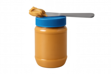 Peanut butter jar with blue lid having spread knife on top, preparing snack or sandwich, transparent background