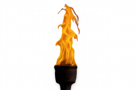 Torch carrying a vibrant, warm flame against a transparent background, representing enlightenment, progress, spirit, and energy