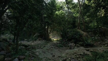 A serene forest landscape comes alive with vibrant greenery and scattered rocks. Sunlight breaks through the canopy, casting a gentle glow on the forest floor, creating a tranquil atmosphere.