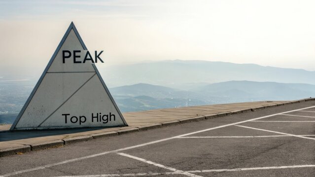 Triangular Peak Sign with Words Peak and Top High on Scenic Viewpoint Overlooking Mountains and Vast Horizon