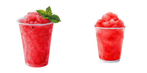 Refreshing Strawberry Slushie in Two Cups with Mint Garnish isolated on transparent background.