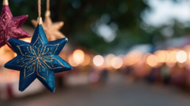 Colorful stars hang at a festive market in the evening light
