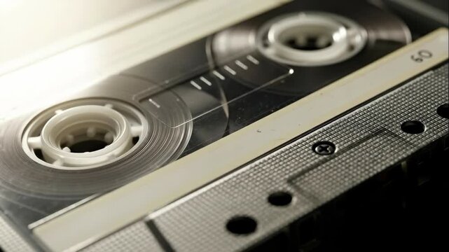 Close-up of a vintage audio cassette tape playing. The magnetic tape spool rotates in a retro player. Analog technology and 80s nostalgia concept