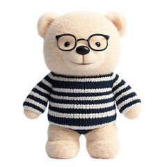 Cute teddy bear character wearing stylish glasses and striped sweater isolated on transparent background.