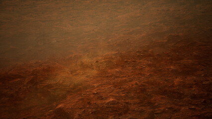 A quiet landscape unfolds with a warm, muted glow as the day transitions to night. Fog gently envelops the terrain, creating a mysterious and serene atmosphere in the fading light.