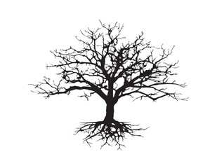 Majestic Dry Tree With Intricate Root System Solid Black Silhouette