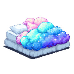 Pixel Art Dreamy Bed with Colorful Clouds and Soft Pillows isolated on transparent background.