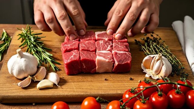 Chef's hands arranging cubes of raw beef on a wooden cutting board. Preparing fresh meat with garlic, rosemary, and tomatoes. Gourmet cooking concept