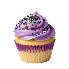 Delicious Purple Frosted Cupcake with Colorful Sprinkles on Top isolated on transparent background.