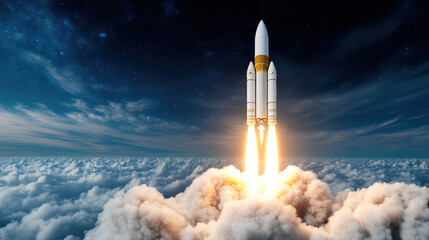 Rocket launching into night sky with dramatic flames and clouds, showcasing power and excitement