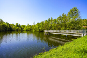 Landscape at the Feldbach foreshore dam on the Wupper dam. Nature in the Feldbach valley near Remscheid
