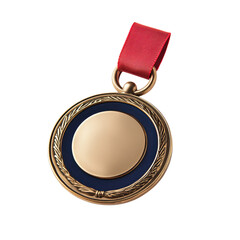 Bright Gold Medal with Red Ribbon isolated on transparent background.