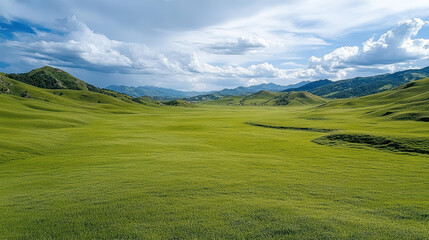 Obraz premium Lush green hills stretch under dramatic cloudy sky, creating serene landscape