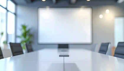 Blurry modern conference room and blank whiteboard for presentation.