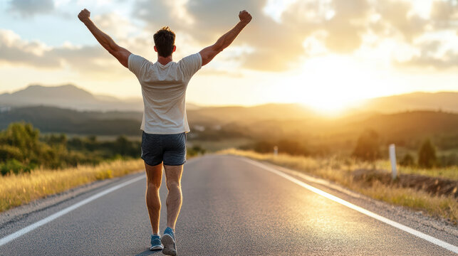 Runner celebrating victory with arms raised on road at sunset, feeling accomplished and free