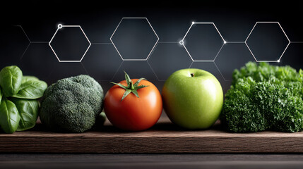 GLP-1 foods and digital holograms showcasing nutritious vegetables on a wooden table
