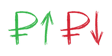 Hand drawn russian ruble currency symbol Growth and fall profit with arrow up and down Brush stroke doodle Element for design