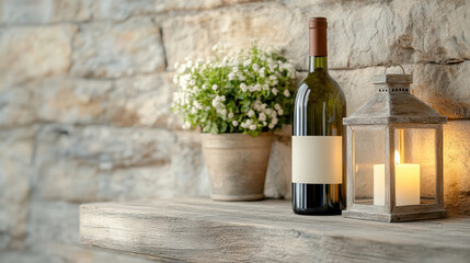 Elegant wine bottle with lantern and flowers on rustic shelf