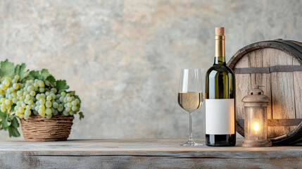 Elegant wine bottle with glass, grapes, and rustic barrel create warm atmosphere
