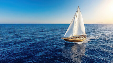 Obraz premium Sailboat with white sails gliding across deep blue ocean waves under clear sky