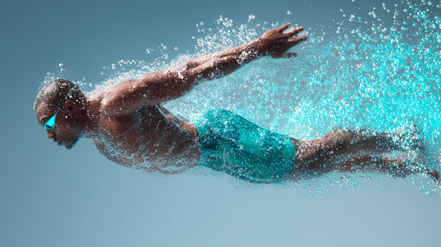 Dynamic swimmer glides through water, showcasing power and agility, reflecting athleticism and the pursuit of fitness goals, perfect for sports and wellness campaigns