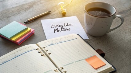 Cozy workspace with planner, coffee cup, sticky notes, and motivational quote on a wooden table in natural light