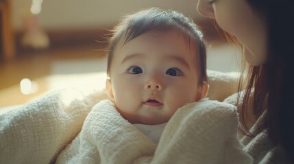 Newborn baby in hospital with nurse,nurse standing in maternity ward and holding newborn baby in her arms,After birth vaccine concept,clinic setting,Healthcare.