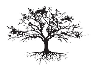 Dreamlike Tree With Flowing Root System Solid Black Vector Art