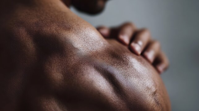Close up of a person s muscular shoulder and upper back with a hand touching the area highlighting muscle definition and skin texture