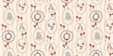 A vintage hand drawn Christmas seamless pattern. Christmas ornaments in elegant frames with bows. A minimalist retro New Years pattern with a Christmas tree, gifts, and ornaments.