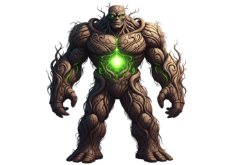 A formidable creature, its body intricately carved with swirling patterns of nature's growth, radiates an inner light of glowing emerald green.