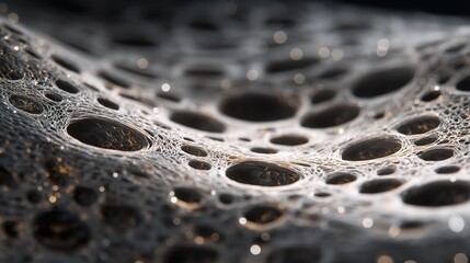 Fototapeta premium Close-up of futuristic artificial skin, hyper-detailed surface texture showing nano-fibers and synthetic pores, photorealistic biomedical design, cinematic lighting, ultra sharp focus.