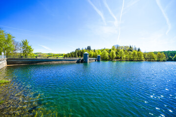 View of the Fürwigge Dam and the surrounding landscape. Nature at the lake near Meinerzhagen and...