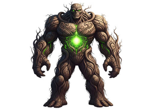 A formidable creature, its body intricately carved with swirling patterns of nature's growth, radiates an inner light of glowing emerald green.