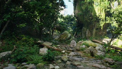 A serene forest scene showcases vibrant green foliage, rocky formations, and sunlight filtering through the trees. Nature thrives in this untouched environment, inviting exploration.