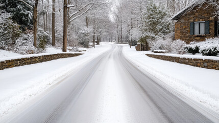 Obraz premium Snowy village road, winter landscape, peaceful scene, quiet neighborhood, snow covered trees