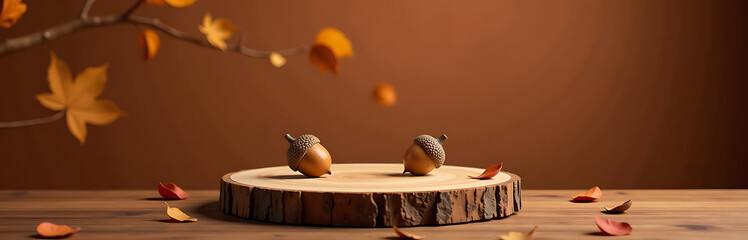 autumn podium featuring acorns minimalistic style wooden stage