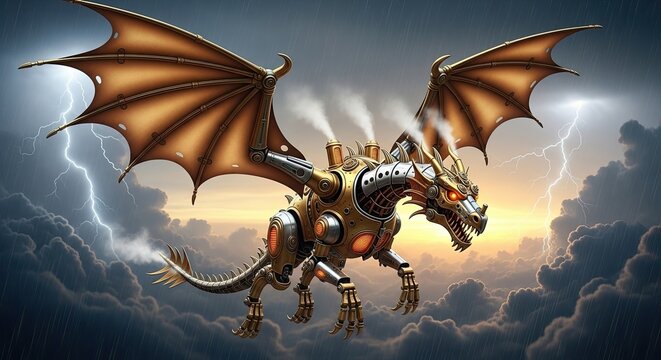 Mechanical Dragon Flying Through Stormy Skies - Powered by Adobe