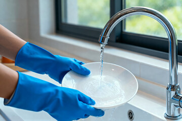 Hands in Blue Rubber Gloves Rinsing a Dirty Plate Under Running Water in a Bright Kitchen Sink